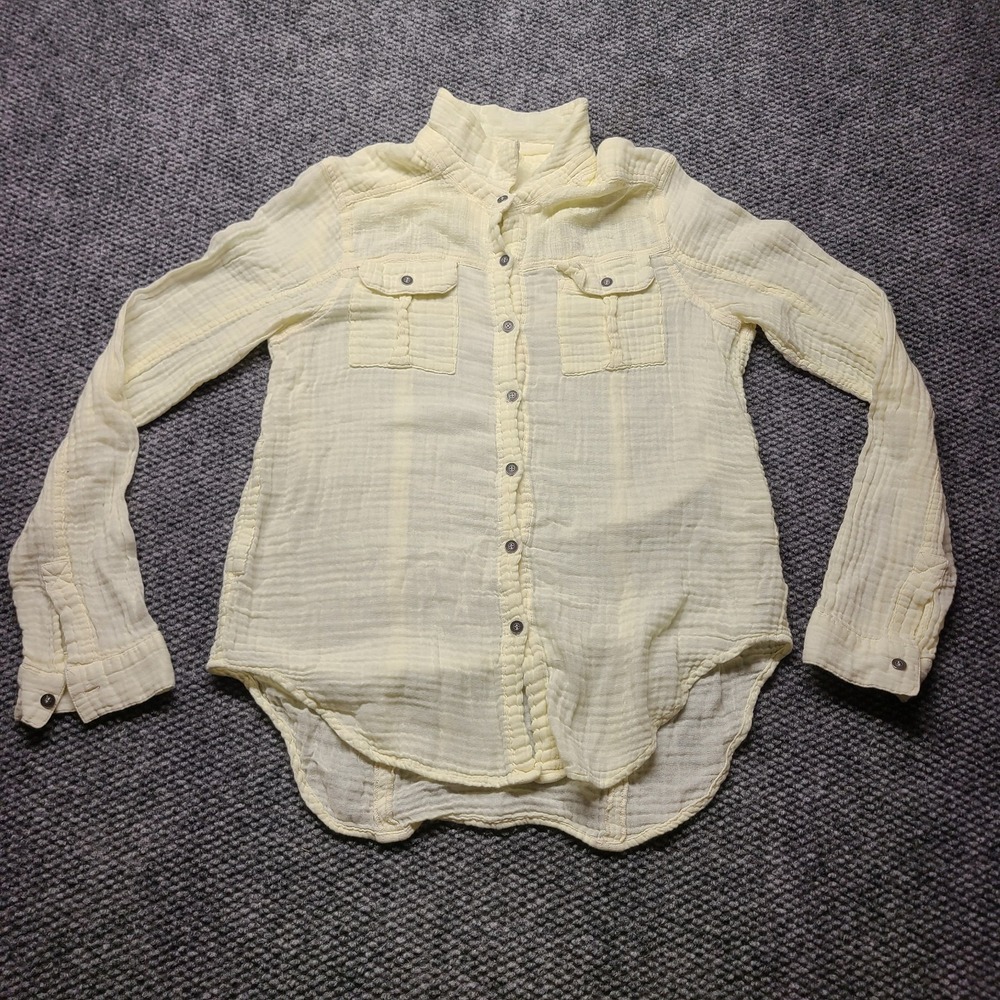 We The Free Shirt Womens Medium Yellow Crinkled Curved High Low Hem Button Up